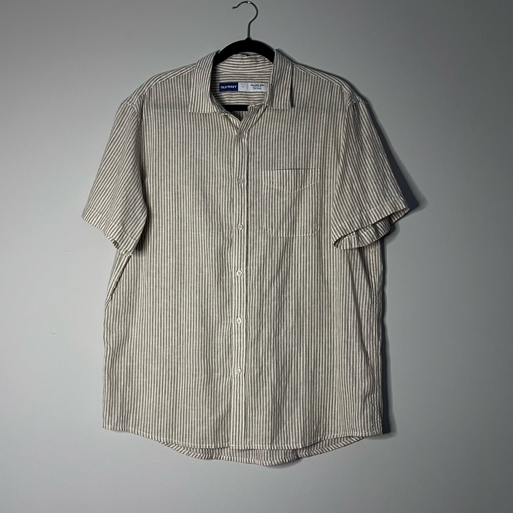 Old Navy Mens Linen Blend White & Light Brown Button Down Stripped Dress Shirt